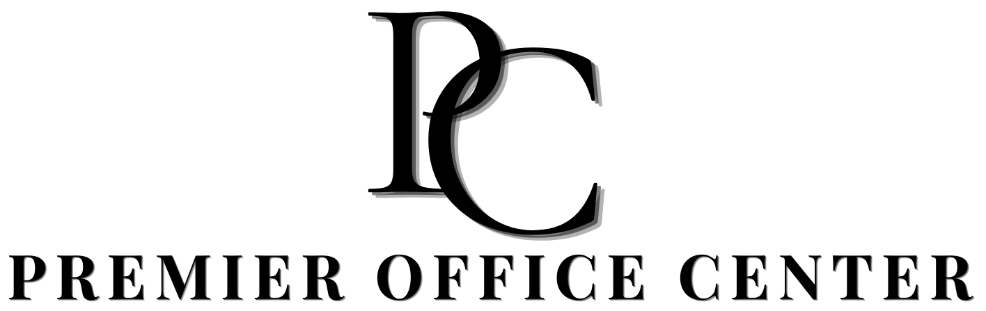 The black logo of Premier Office Center in Ocala, FL, showing the overlapping "PC" monogram with a distinctive drop shadow, set above the words "PREMIER OFFICE CENTER" on a clean, solid white background.