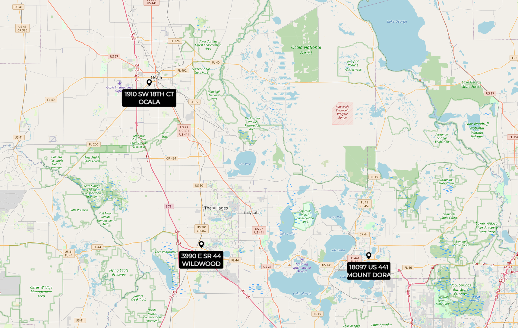 A regional highway map of Central Florida highlighting three Premier Office Center locations: 1910 SW 18th CT in Ocala, 3990 E SR 44 in Wildwood, and 18097 US 441 in Mount Dora, displayed with black location pins.