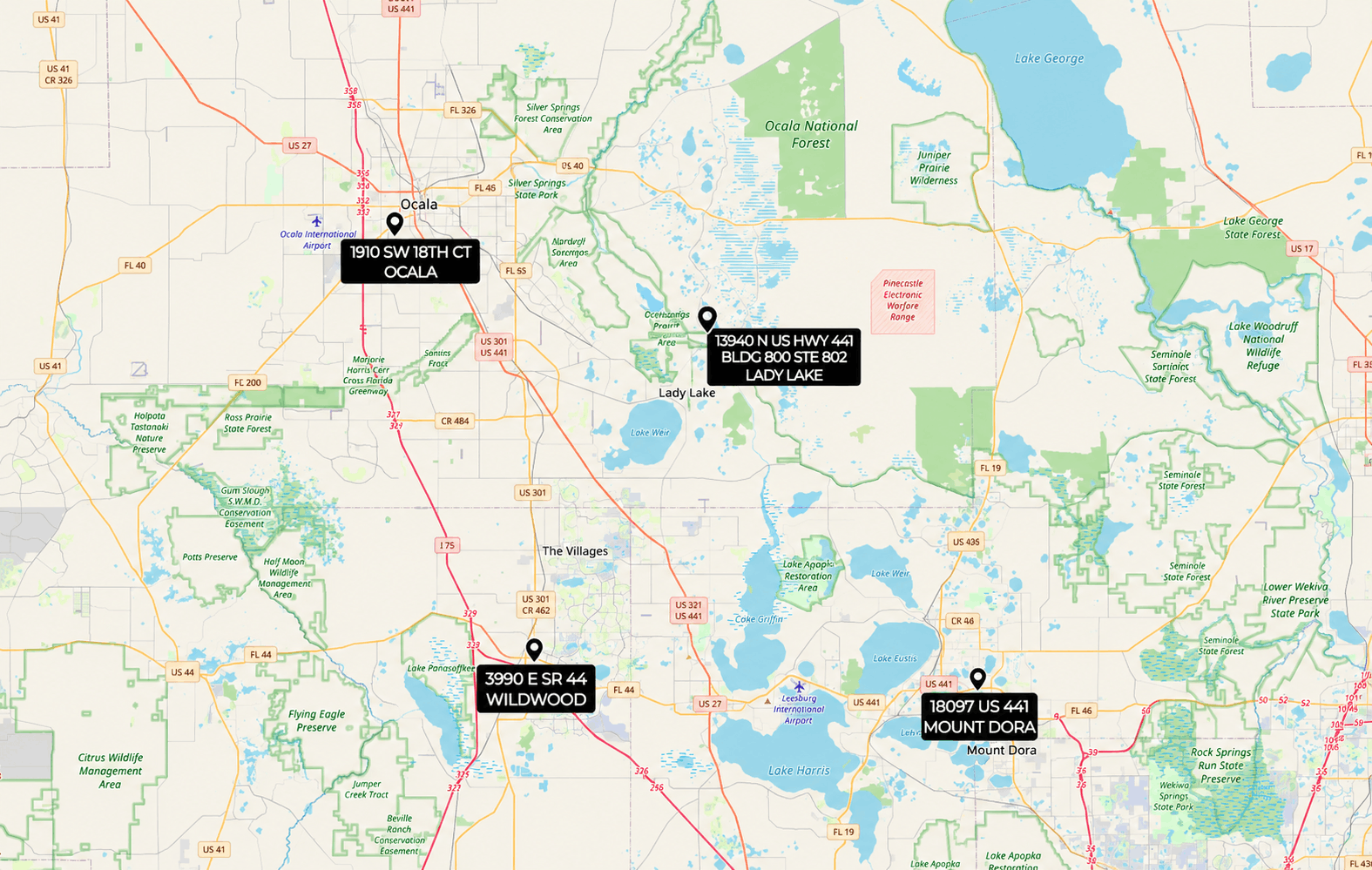 A regional map displaying location markers for Premier Office Center professional office suites across Ocala, Wildwood, Lady Lake, and Mount Dora, FL.