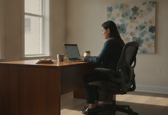 professional searching for a work station near me on a laptop at a bright Central Florida coworking desk