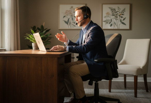 professional using a quiet coworking day pass for client calls in a private office booth
