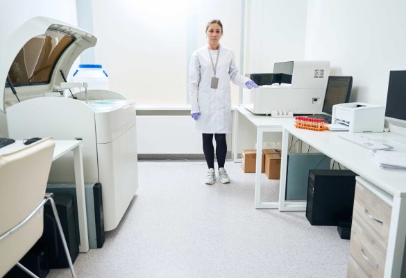 A healthcare provider in a white coat standing in a fully equipped clinical facility optimized as a private office space for home health care administration and medical oversight in Houston, Texas.